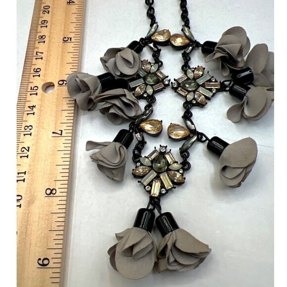 INC Statement Necklace With Fabric Flowers & Crystal Accents.  C16 - Picture 11 of 13